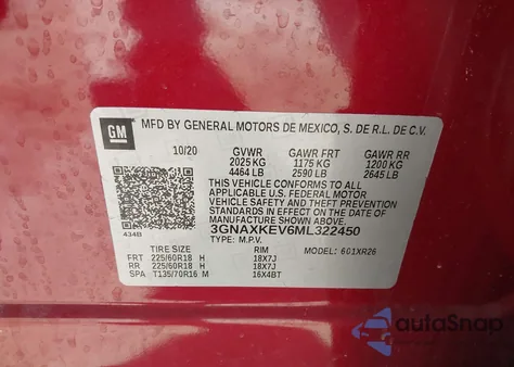 2021 Chevrolet Equinox Fwd Lt из США, поврежденный, VIN 3GNAXKEV6ML322450